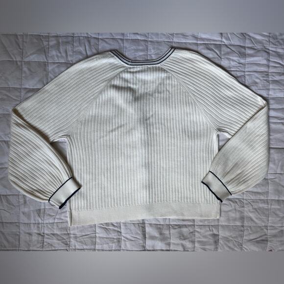 Talbots Cream Navy Trim V Neck Rib Knit Cardigan Sweater Old Money Preppy - XL - Picture 3 of 9